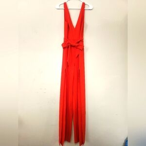 H:ours bright red belted deep v neck jumpsuit with slit size small